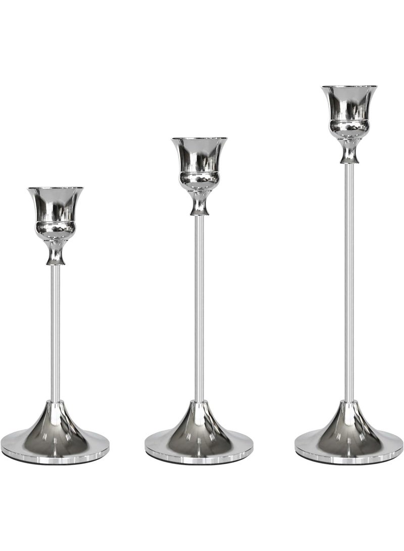 Monda Silver Taper Candle Holders Set of 3 - Elegant 3-Tiered Height Metal Candlestick Holders for Home Decor, Weddings & Parties - Image 3
